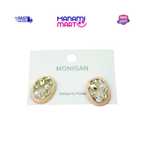 Peach Oval Crystal Pearl Stud Earrings