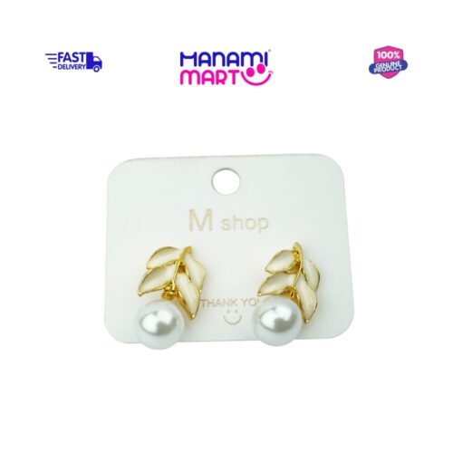 White Pearl Leaf Stud Earrings